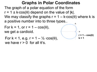Graphs in Polar Coordinates
The graph of a polar equation of the form
r = 1 ± k*cos(θ) depend on the value of |k|.
We may classify the graphs r = 1 – k*cos(θ) where k is
a positive number into to three types..
For k = 1, or r = 1 – cos(θ),
we get a cardioid.
                                            r = 1 – cos(θ)
For k < 1, e.g. r = 1 – ½ *cos(θ),          k=1

we have r > 0 for all θ’s.
 