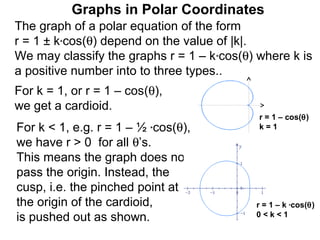 Graphs in Polar Coordinates
The graph of a polar equation of the form
r = 1 ± k*cos(θ) depend on the value of |k|.
We may classify the graphs r = 1 – k*cos(θ) where k is
a positive number into to three types..
For k = 1, or r = 1 – cos(θ),
we get a cardioid.
                                            r = 1 – cos(θ)
For k < 1, e.g. r = 1 – ½ *cos(θ),          k=1

we have r > 0 for all θ’s.
This means the graph does not
pass the origin. Instead, the
cusp, i.e. the pinched point at
the origin of the cardioid,                r = 1 – k *cos(θ)
is pushed out as shown.                    0<k<1
 