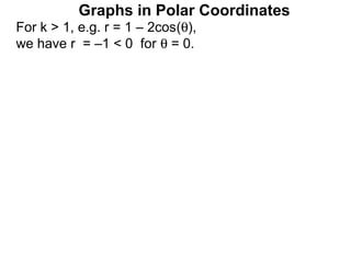 Graphs in Polar Coordinates
For k > 1, e.g. r = 1 – 2cos(θ),
we have r = –1 < 0 for θ = 0.
 