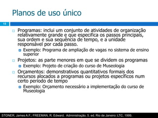 Planos de uso único15Programas: inclui um conjunto de atividades de organização relativamente grande e que especifica os passos principais, sua ordem e sua sequência de tempo, e a unidade responsável por cada passo.Exemplo: Programa de ampliação de vagas no sistema de ensino superiorProjetos: as parte menores em que se dividem os programasExemplo: Projeto de criação do curso de MuseologiaOrçamentos: demonstrativos quantitativos formais dos recursos alocados a programas ou projetos específicos num certo período de tempoExemplo: Orçamento necessário a implementação do curso de MuseologiaSTONER, James A.F.; FREEMAN, R. Edward.  Administração. 5. ed. Rio de Janeiro: LTC, 1999.