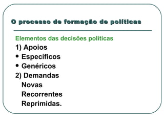 O processo de formação de políticas Elementos das decisões políticas 1) Apoios Específicos Genéricos 2) Demandas Novas  Recorrentes  Reprimidas.   