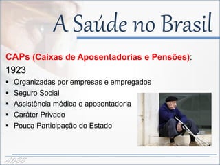 A Saúde no Brasil
CAPs (Caixas de Aposentadorias e Pensões):
1923
 Organizadas por empresas e empregados
 Seguro Social
 Assistência médica e aposentadoria
 Caráter Privado
 Pouca Participação do Estado



ADSS
 