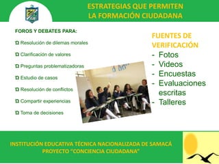 ESTRATEGIAS QUE PERMITEN
                                 LA FORMACIÓN CIUDADANA
 FOROS Y DEBATES PARA:
                                                 FUENTES DE
 Ώ Resolución de dilemas morales
                                                 VERIFICACIÓN
 Ώ Clarificación de valores                      - Fotos
 Ώ Preguntas problematizadoras                   - Videos
 Ώ Estudio de casos
                                                 - Encuestas
                                                 - Evaluaciones
 Ώ Resolución de conflictos
                                                   escritas
 Ώ Compartir experiencias                        - Talleres
 Ώ Toma de decisiones




INSTITUCIÓN EDUCATIVA TÉCNICA NACIONALIZADA DE SAMACÁ
           PROYECTO “CONCIENCIA CIUDADANA”
 