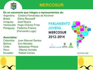 MERCOSUR
Es un escenario que integra a representantes de:
Argentina: Cristina Fernández de Kirchner
Brasil:     Dilma Rousseff
Uruguay: José Mujica
Venezuela: Hugo Chavez Frías
Paraguay: Federico Franco.
           (Fernando Lugo)

Asociados:
Colombia: Juan Manuel Santos
Bolivia:   Evo Morales
Chile:     Sebastian Piñera
Perú:      Ollanta Humala
Ecuador:   Rafael Correa                           EUCHALJAM
 
