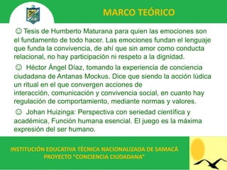 MARCO TEÓRICO
 ☺Tesis de Humberto Maturana para quien las emociones son
 el fundamento de todo hacer. Las emociones fundan el lenguaje
 que funda la convivencia, de ahí que sin amor como conducta
 relacional, no hay participación ni respeto a la dignidad.
 ☺ Héctor Ángel Díaz, tomando la experiencia de conciencia
 ciudadana de Antanas Mockus. Dice que siendo la acción lúdica
 un ritual en el que convergen acciones de
 interacción, comunicación y convivencia social, en cuanto hay
 regulación de comportamiento, mediante normas y valores.
 ☺ Johan Huizinga: Perspectiva con seriedad científica y
 académica, Función humana esencial. El juego es la máxima
 expresión del ser humano.

INSTITUCIÓN EDUCATIVA TÉCNICA NACIONALIZADA DE SAMACÁ
           PROYECTO “CONCIENCIA CIUDADANA”
 