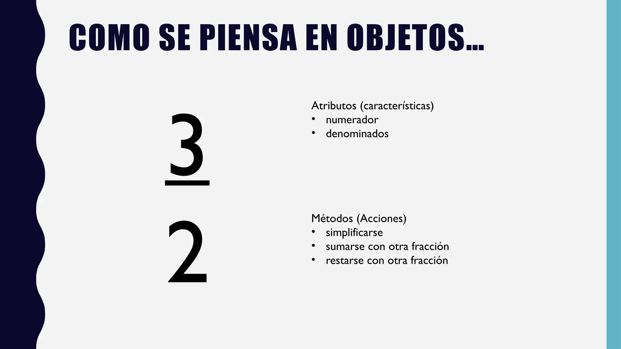 COMO SE PIENSA EN OBJETOS…
3
2
Atributos (características)
• numerador
• denominados
Métodos (Acciones)
• simplificarse
• sumarse con otra fracción
• restarse con otra fracción
 