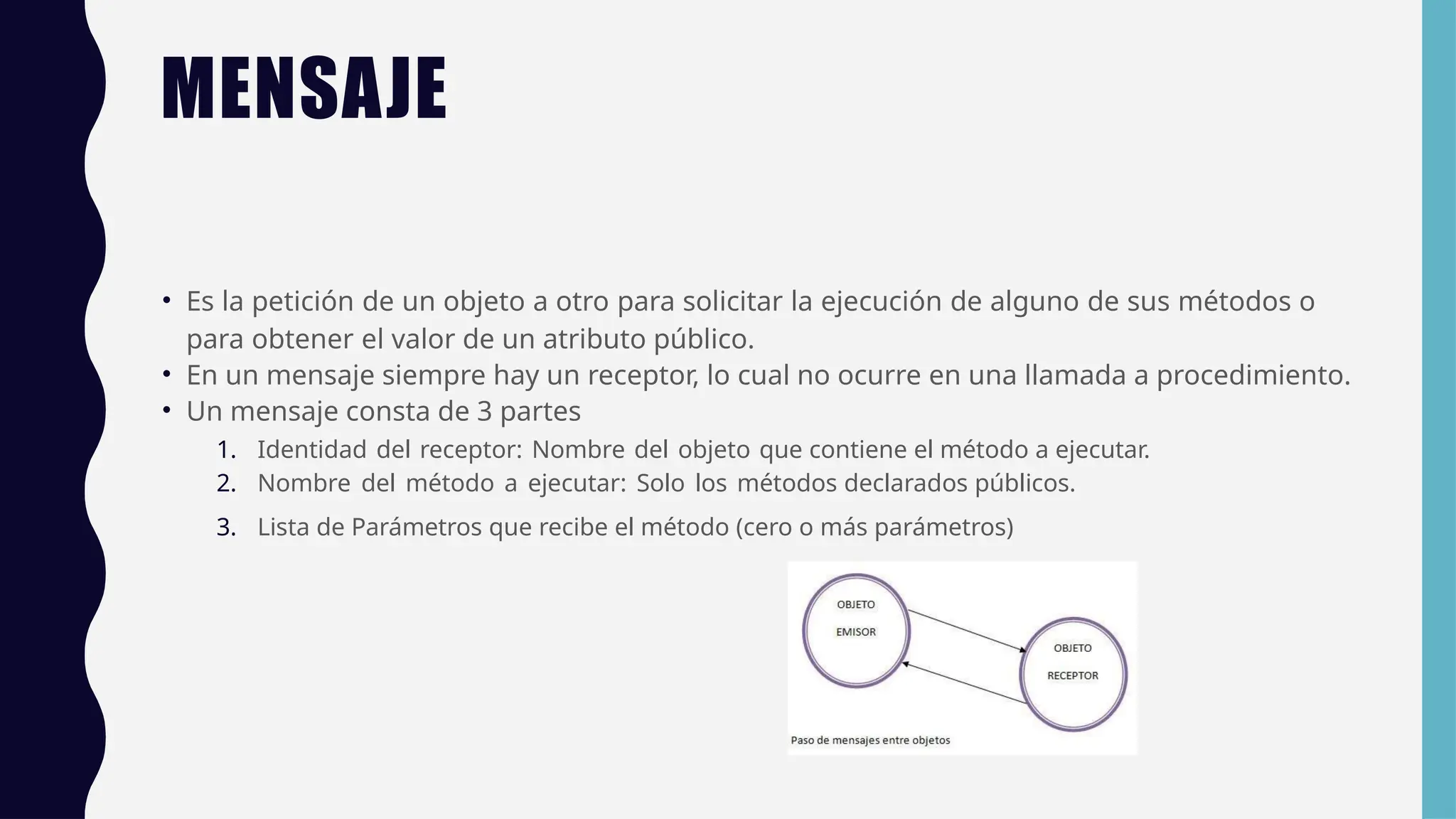 MENSAJE
• Es la petición de un objeto a otro para solicitar la ejecución de alguno de sus métodos o
para obtener el valor de un atributo público.
• En un mensaje siempre hay un receptor, lo cual no ocurre en una llamada a procedimiento.
• Un mensaje consta de 3 partes
1. Identidad del receptor: Nombre del objeto que contiene el método a ejecutar.
2. Nombre del método a ejecutar: Solo los métodos declarados públicos.
3. Lista de Parámetros que recibe el método (cero o más parámetros)
 