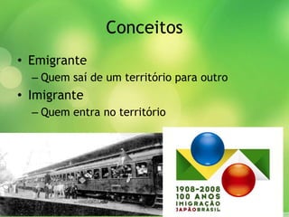 Conceitos
• Emigrante
– Quem saí de um território para outro
• Imigrante
– Quem entra no território
 