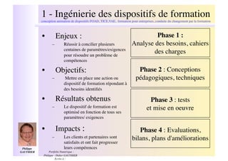 1 - Ingénierie des dispositifs de formation
                                                                                                                                    !
              conception animation de dispositifs FOAD, TICE,VAE, formation pour entreprises, conduite du changement par la formation



              •!        Enjeux : !                                                    Phase 1 :!
                     –!       Réussir à concilier plusieurs                  Analyse des besoins, cahiers !
                              centaines de paramètres/exigences
                              pour résoudre un problème de
                                                                                     des charges !
                              compétences     !
              •!        Objectifs:!                                              Phase 2 : Conceptions !
                     –!        Mettre en place une action ou                    pédagogiques, techniques!
                              dispositif de formation répondant à
                                       !
                              des besoins identiﬁés

              •!        Résultats obtenus!                                                Phase 3 : tests !
                     –!       Le dispositif de formation est                            et mise en oeuvre !
                              optimisé en fonction de tous ses
                              paramètres/ exigences      !
              •!        Impacts : !                                             Phase 4 : Evaluations, !
                     –!       Les clients et partenaires sont                bilans, plans d'améliorations !
                              satisfaits et ont fait progresser
 Philippe
GAUTHIER  !
                              leurs compérences
                   Portfolio Numérique :
                                                     !
               Philippe - Didier GAUTHIER
                         Ecrire à :
 