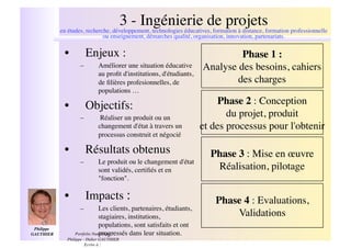 3 - Ingénierie de projets !
                                                                                                         "
              en études, recherche, développement, technologies éducatives, formation à distance, formation professionnelle
                                ou enseignement, démarches qualité, organisation, innovation, partenariats.


               •!        Enjeux : "                                              Phase 1 :"
                      –!       Améliorer une situation éducative        Analyse des besoins, cahiers "
                               au proﬁt d'institutions, d'étudiants,
                               de ﬁlières profesionnelles, de                   des charges "
                               populations …      "
               •!        Objectifs:"                                         Phase 2 : Conception "
                      –!        Réaliser un produit ou un                      du projet, produit "
                               changement d'état à travers un           et des processus pour l'obtenir"
                               processus construit et négocié   "
               •!        Résultats obtenus"                                Phase 3 : Mise en œuvre"
                      –!       Le produit ou le changement d'état
                               sont validés, certiﬁés et en                 Réalisation, pilotage "
                               "fonction".    "
               •!        Impacts : "                                         Phase 4 : Evaluations, "
                      –!         Les clients, partenaires, étudiants,
                                 stagiaires, institutions,                       Validations "
                                 populations, sont satisfaits et ont
 Philippe
GAUTHIER  !                      progressés dans leur situation.
                    Portfolio Numérique :
                Philippe - Didier GAUTHIER
                                                                "
                          Ecrire à :
 