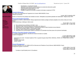 Portfolio de Philippe-Didier GAUTHIER : http://www.phd-gauthier.net                 Document mis à jour le : 1 janvier 2011

                                 -    Sensibilisation- à la démarche Qualité.
                                 -    Applications des méthodes du benchmarking à la conduite des démarches qualité
                                 -    Tutorat de projet et plan qualité d’un projet
                                 -    Management et conduite de projet
                                 -    Stratégie et ingénierie de formation, formation de formateur occasionnel HYTEN

Seconde partie:   Chargé de Recherche
                  OIC, (IDCE-CICF) Observatoire de l’Ingénierie et du Conseil, 49000 ANGERS, France
                  Institution de recherche.
                                                                                                                                      1 janvier 1997-31 décembre 1997
Seconde partie:   Études sur l’économie et les pratiques des Sociétés de conseil.. Participation à la première publication de l’observatoire : Rapport annuel 1997.

                  Responsable Qualité industrielle
                  Les Ateliers de l’ADAPEI, 49000 ANGERS. Réseau départemental d’ateliers protégés (entreprise adaptée) et de centres d’aide par le travail,
Missions
                  France.
  Contrats
                  Industrie électronique, métallurgie, médico-social.
Publications
                                                                                                                                       26 août 1996 - 30 avril 1997
Contributions
                                                                                                                                  2 novembre 1998 - 31 juillet 1999
Formations
                      ! Renouvellement de la certification ISO 9003 (1 site)
Veille
                      ! Classement Valéo 1000 sous-traitants et fournisseurs de 4 sites sur 9.
Compétences
                      ! Développement de la démarche Qualité sur l’ensemble des ateliers.(9 sites industriels de sous-traitance)
Méthodologies
                      ! Audits, suivis de projets, AMDEC, Communication Qualité
                      ! Formateur interne occasionnel (Encadrement, opérateurs, ...)
                      ! Amélioration de la Communication Qualité et contribution à la valorisation des rôles sociaux de la personne handicapée.

                  Formateur Consultant Qualité et Organisation
                  F.C. Qualité & Reflex-Management. (Structure de Conseil et formation en Qualité)
                  Conseil en management
                                                                                                                                21 Août 1995-20 février 1996
                                                                                                                             1 octobre 1996 à 31 juillet 1997
                      Interventions de conseil - Formation Qualité en P.M.E. et grands Groupes (Ouest PACK, RENOVAL, AFNOR, CCI, FRAMATOME, ALCATEL,
                      RENAULT,!)
                      Formateur Audit Qualité
                      Auditeur Qualité


                  Chargé d’Enseignement
                  Université d’ANGERS ISTIA, IUT, ISSBA CUFCO et Services de la Présidence, Rue de Rennes, 49000 ANGERS, France.
                  Enseignement supérieur et recherche.
                                                                                                                                          1 octobre 1996 à 31 mars 1997
                                                                                                                                         1 janvier 1998 à 31 janvier 1998
                                                                                                                                         1 janvier 2004 au 31 mars 2004
                      -   Formateur à l’audit Qualité (environ 120 auditeurs)


                                                                                                                                                                      28
 