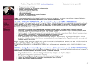 Portfolio de Philippe-Didier GAUTHIER : http://www.phd-gauthier.net                     Document mis à jour le : 1 janvier 2011

                          -    Analyse du travail et de l’emploi
                          -    Acquisition et transfert des compétences professionnelles
                          -    Identités professionnelles et sociales
                          -    Ingénierie des politiques de formation
                          -    Ingénierie de la formation
                          -    Ingénierie pédagogique
Seconde partie:           -    Évaluation des dispositifs et des actions de formation
                          -    Psychologie cognitive et formation.

                  Stages : Les pédagogies d’autoformation dans la formation des conseils en management, formations présentielles et à distance. Applications
Seconde partie:   dans le cadre des nouvelles technologies de la formation, IDCE®, janvier 2000 à septembre 2000.

Missions          1994-1995 : « CONSULTANT PROFESSIONNEL » (Titre Homologué Niveau 1, grade de MASTER 2 PROFESSIONNEL)
Contrats          IDCE®, Institut pour le Développement du Conseil d’Entreprises (Angers), Etablissement d’enseignement supérieur privé, sous tutelle du Conseil
Publications      Général de Maine et Loire, et du Conseil Régional des Pays de la Loire, et en partenariat avec l’IPSA (Institut de Psychosociologie Appliquée de
Contributions     L’Université Catholique de l’Ouest (UCO), et l’IRCOM (Institut Régional de la Communication, Groupe UCO). Titre Homologué Niveau 1 par le
  Formations      Ministère de l’Industrie. Formation en alternance.
Veille
Compétences           -       Management de l’entreprise, Approche systémique, Sociologie, Stratégie, Finances, Contrôle de gestion, Gestion de production,
Méthodologies                 Ressources Humaines, Management des Ressources Technologiques , Marketing, le Conseil en Europe , Innovation, gestion du temps,
                              conduite d’entretien, négociation, conduite de réunion, veille, conduite de projet.
                      -       Ingénierie, qualité et maîtrise des processus de l’intervention de conseil, maîtrise de la co-production Client – Conseil, théorie et pratiques
                              des processus de la consultation, le contrat de conseil, analyse des pratiques du conseil.
                      -       Marketing du conseil. Publication d’un article professionnel en tant que consultant.
                      -       Outils et Méthodes du conseil : audit organisationnel, diagnostic stratégique, diagnostic social, diagnostic socio-économique, analyse
                              prospective et stratégie, résolution de problèmes., conduite d’études et recherches quantitatives et qualitatives, conduite de changement,
                              créativité, ingénierie de formation

                  Stages : Consultant Qualité. Diagnostic marketing de la société de conseil, FC QUALITE, ANGERS, 9 mai-13 juillet 1995. Formateur “Gestion de
                  production, EPR-DCF,ANGERS, 1-7 mai 1995, pour des Bac+4.
                  Chargé d’Études “Développement du management de la Qualité dans les filières agricoles spécialisées”, APAVE-OUEST, NANTES, 8-31 mars
                  1995.

                  1993-1994 : « Stratégie, Communication et Management des Hommes » (Diplôme Universitaire, grade de MASTER 2 PROFESSIONNEL)
                  Université d’Orléans, Etablissement public du Ministère de l’enseignement supérieur et de la recherche, Institut d’Administration des Entreprises en
                  partenariat avec le Service Universitaire de Formation Continue. Formation en alternance.

                      -       Diagnostic des structures et audit social des organisations. Analyse stratégique des situations de travail.
                      -       Management stratégique des organisations et entreprises
                      -       Macro et Micro management, management opérationnel, communication interpersonnelle
                      -       Gestion des Ressources humaines, droit social et relations sociales dans l’entreprise
                      -       Gestion de la formation dans les organisations.



                                                                                                                                                                           42
 