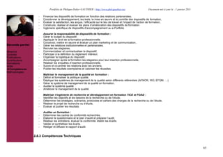 Portfolio de Philippe-Didier GAUTHIER : http://www.phd-gauthier.net                         Document mis à jour le : 1 janvier 2011

                    -   Financer les dispositifs de formation en fonction des relations partenariales,
                    -   Coordonner le développement, les tests, la mise en œuvre et le contrôle des dispositifs de formation,
                    -   Évaluer la satisfaction, les acquis, l’efficacité sur le lieu de travail et l’impact de l’action de formation,
                    -   Construire, réaliser et évaluer les plans d’amélioration des dispositifs de formation.
                    -   Ingénierie spécifique de dispositifs d’accompagnement au e-Portfolio

Seconde partie:         Assurer la responsabilité de dispositifs de formation :
                    -   Gérer le budget du dispositif,
                    -   Appliquer le droit de la formation professionnelle,
                    -   Concevoir, mettre en œuvre et évaluer un plan marketing et de communication,
Seconde partie:     -   Gérer les relations institutionnelles et partenariales,
                    -   Recruter les stagiaires,
Missions            -   Commercialiser et contractualiser le dispositif,
Contrats            -   Participer à la définition du règlement intérieur,
Publications        -   Organiser la logistique du dispositif,
Contributions       -   Accompagner après la formation les stagiaires pour leur insertion professionnelle,
Formations          -   Réaliser les enquêtes d’insertion professionnelle,
Veille              -   Suivre et co-animer les relations avec les anciens,
  Compétences       -   Publier les résultats exemplaires et valoriser les réussites.
Méthodologies
                        Maîtriser le management de la qualité en formation :
                    -   Définir et formaliser la politique qualité,
                    -   Déployer les systèmes de management de la qualité selon différents référentiels (AFNOR, ISO, EFQM, !)
                    -   Gérer le système de management de la qualité en formation,
                    -   Auditer le système qualité
                    -   Améliorer le management de la qualité

                        Maîtriser l’ingénierie de recherche et développement en formation TICE et FOAD :
                    -   Identifier les objectifs et les besoins de la recherche ou de l’étude,
                    -   Déterminer les stratégies, scénarios, protocoles et cahiers des charges de la recherche ou de l’étude,
                    -   Réaliser le projet de recherche ou d’étude,
                    -   Évaluer et publier les résultats.

                        Auditer en formation :
                    -   Déterminer les cadres de conformité recherchés,
                    -   Élaborer le questionnaire et le plan d’audit et préparer l’audit,
                    -   Réaliser les entretiens, évaluer la conformité, établir les écarts,
                    -   Valider et synthétiser les écarts,
                    -   Rédiger et diffuser le rapport d’audit.


                  2.8.3 Compétences Techniques


                                                                                                                                                                   65
 