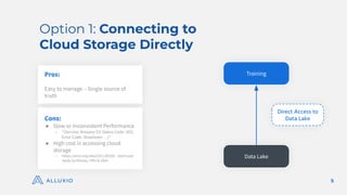 5
Option 1: Connecting to
Cloud Storage Directly
Pros:
Easy to manage – Single source of
truth
Data Lake
Cons:
● Slow or Inconsistent Performance
○ “(Service: Amazon S3; Status Code: 503;
Error Code: SlowDown …)”
● High cost in accessing cloud
storage
○ https://arxiv.org/abs/2311.00156 - Joint case
study by Alluxio, CMU & Uber
Training
Direct Access to
Data Lake
 
