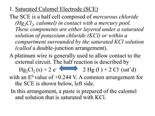 1. Saturated Calomel Electrode (SCE)
The SCE is a half cell composed of mercurous chloride
(Hg2Cl2, calomel) in contact with a mercury pool.
These components are either layered under a saturated
solution of potassium chloride (KCl) or within a
compartment surrounded by the saturated KCl solution
(called a double-junction arrangement).
A platinum wire is generally used to allow contact to the
external circuit. The half reaction is described by
Hg2Cl2 (s) + 2 e- 2 Hg (l ) + 2 Cl- (sat’d)
with an E0 value of +0.244 V. A common arrangement for
the SCE is shown below, left side.
In this arrangement, a paste is prepared of the calomel
and solution that is saturated with KCl.
 