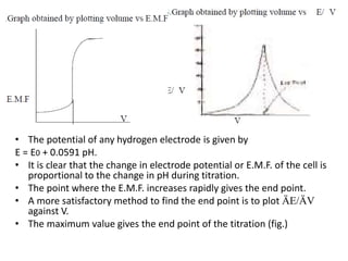 • The potential of any hydrogen electrode is given by
E = E0 + 0.0591 pH.
• It is clear that the change in electrode potential or E.M.F. of the cell is
proportional to the change in pH during titration.
• The point where the E.M.F. increases rapidly gives the end point.
• A more satisfactory method to find the end point is to plot ÄE/ÄV
against V.
• The maximum value gives the end point of the titration (fig.)
 