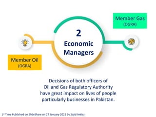 Member Oil
(OGRA)
Member Gas
(OGRA)
2
Economic
Managers
Decisions of both officers of
Oil and Gas Regulatory Authority
have great impact on lives of people
particularly businesses in Pakistan.
1st Time Published on SlideShare on 27 January 2021 by Sajid Imtiaz
 