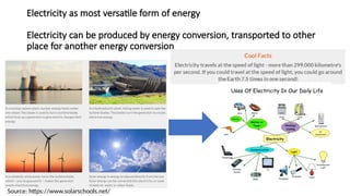 Electricity as most versatile form of energy
Electricity can be produced by energy conversion, transported to other
place for another energy conversion
Source: https://www.solarschools.net/
 
