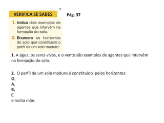 Pág. 37
1. A água, os seres vivos, e o vento são exemplos de agentes que intervêm
na formação do solo.
2. O perfil de um solo maduro é constituído pelos horizontes:
O,
A,
B,
C
e rocha mãe.
 