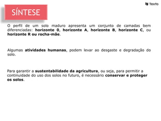 O perfil de um solo maduro apresenta um conjunto de camadas bem
diferenciadas: horizonte 0, horizonte A, horizonte B, horizonte C, ou
horizonte R ou rocha-mãe.
SÍNTESE
Algumas atividades humanas, podem levar ao desgaste e degradação do
solo.
Para garantir a sustentabilidade da agricultura, ou seja, para permitir a
continuidade do uso dos solos no futuro, é necessário conservar e proteger
os solos.
 