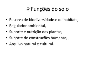 Funções do solo
• Reserva de biodiversidade e de habitats,
• Regulador ambiental,
• Suporte e nutrição das plantas,
• Suporte de construções humanas,
• Arquivo natural e cultural.
 