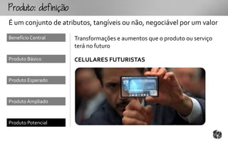 outo:fo
É um conjunto de atributos, tangíveis ou não, negociável por um valor
Benefício Central     Transformações e aumentos que o produto ou serviço
                      terá no futuro

Produto Básico        CELULARES FUTURISTAS


Produto Esperado



Produto Ampliado



Produto Potencial
 