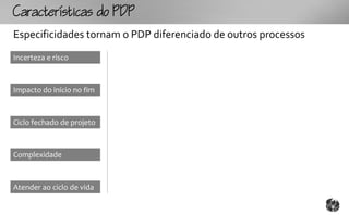 Ccttco
Especificidades tornam o PDP diferenciado de outros processos
Incerteza e risco



Impacto do início no fim



Ciclo fechado de projeto



Complexidade



Atender ao ciclo de vida
 