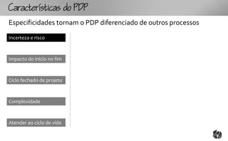 Ccttco
Especificidades tornam o PDP diferenciado de outros processos
Incerteza e risco



Impacto do início no fim



Ciclo fechado de projeto



Complexidade



Atender ao ciclo de vida
 