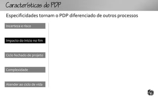Ccttco
Especificidades tornam o PDP diferenciado de outros processos
Incerteza e risco



Impacto do início no fim



Ciclo fechado de projeto



Complexidade



Atender ao ciclo de vida
 