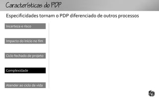 Ccttco
Especificidades tornam o PDP diferenciado de outros processos
Incerteza e risco



Impacto do início no fim



Ciclo fechado de projeto



Complexidade



Atender ao ciclo de vida
 