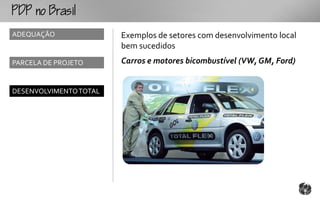 o
ADEQUAÇÃO               Exemplos de setores com desenvolvimento local
                        bem sucedidos
PARCELA DE PROJETO      Carros e motores bicombustível (VW, GM, Ford)


DESENVOLVIMENTO TOTAL
 