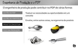 gouoo
O engenheiro de produção pode contribuir no PDP de várias formas
GESTÃO DO PDP         Traduzir as necessidades ou oportunidades em um
                      conceito
GESTÃO DO PORTFÓLIO
                      Envolve, entre outras coisas, na ergonomia do produto
PROJETO CONCEITUAL


FOCO NA PRODUÇÃO
 