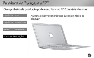 gouoo
O engenheiro de produção pode contribuir no PDP de várias formas
GESTÃO DO PDP         Ajudar a desenvolver produtos que sejam fáceis de
                      produzir
GESTÃO DO PORTFÓLIO


PROJETO CONCEITUAL


FOCO NA PRODUÇÃO
 