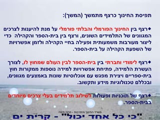 ‫והתרבות‬ ‫החינוך‬ ‫משרד‬
-
‫חיפה‬ ‫מחוז‬
‫מתמשך‬ ‫כרצף‬ ‫החינוך‬ ‫תפיסת‬
(
‫המשך‬
:)

‫בין‬ ‫רצף‬
‫פורמלי‬ ‫והבלתי‬ ‫הפורמלי‬ ‫החינוך‬
‫לצרכים‬ ‫להיענות‬ ‫מנת‬ ‫על‬
‫השונים‬ ‫התלמידים‬ ‫של‬ ‫המגוונים‬
,
‫בית‬ ‫בין‬ ‫ורצף‬
-
‫כדי‬ ‫והקהילה‬ ‫הספר‬
‫אפשרויות‬ ‫ולזמן‬ ‫הקהילה‬ ‫בחיי‬ ‫ופעילה‬ ‫משמעותית‬ ‫מעורבות‬ ‫ליצור‬
‫בית‬ ‫על‬ ‫הקהילה‬ ‫השפעת‬ ‫של‬
-
‫הספר‬
.

‫רצף‬
‫וחברתי‬ ‫לימודי‬
‫בין‬
‫בית‬
-
‫לו‬ ‫שמחוץ‬ ‫העולם‬ ‫לבין‬ ‫הספר‬
,
‫לצורך‬
‫הלמידה‬ ‫העשרת‬
,
‫חוץ‬ ‫ממקורות‬ ‫נוספות‬ ‫למידה‬ ‫אפשרויות‬ ‫פתיחת‬
‫בית‬
-
‫מגוונים‬ ‫באמצעים‬ ‫שונות‬ ‫אוכלוסיות‬ ‫עם‬ ‫מפגש‬ ‫ויצירת‬ ‫ספריים‬
,
‫ותקשוב‬ ‫מידע‬ ‫טכנולוגיות‬ ‫ובכללם‬
.

‫ופעולות‬ ‫תוכניות‬ ‫של‬ ‫רצף‬
‫מיוחדים‬ ‫צרכים‬ ‫בעלי‬ ‫תלמידים‬ ‫לשילוב‬
‫בבית‬
-
‫הספר‬
.
 