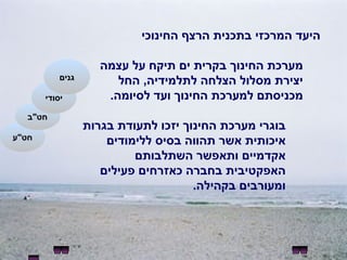 היעד המרכזי בתכנית הרצף החינוכי מערכת החינוך בקרית ים תיקח על עצמה יצירת מסלול הצלחה לתלמידיה ,  החל מכניסתם למערכת החינוך ועד לסיומה . בוגרי מערכת החינוך יזכו לתעודת בגרות איכותית אשר תהווה בסיס ללימודים אקדמיים ותאפשר השתלבותם האפקטיבית בחברה כאזרחים פעילים ומעורבים בקהילה .  חט " ע חט " ב יסודי גנים 