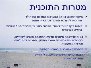 שיתוף פעולה בין כל המערכות המלוות את הילד  מכניסתו למערכת החינוך ועד צאתו ממנה פיתוח רצף חינוכי - לימודי - חברתי - רגשי בין שכבות הגיל השונות    בראיה מערכתית בניית פרדיגמה חינוכית חדשה המאגמת תכנים לימודיים ,    כוח אדם ומשאבים של משרד החינוך ,  החברה למתנ " סים והרשות המקומית הרחבת האפשרויות במארג הקהילתי הצבת יעדים המשפרים הישגים לימודיים    ותוצרים חינוכיים מטרות התוכנית 