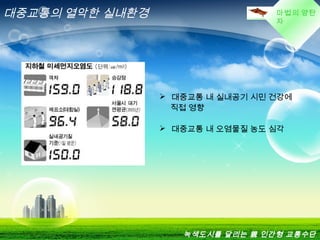 마법의 양탄
자
대중교통의 열악한 실내환경
 
 대중교통 내 실내공기 시민 건강에
직접 영향
 대중교통 내 오염물질 농도 심각
녹색도시를 달리는 親 인간형 교통수단
 