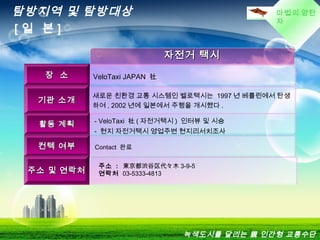 마법의 양탄
자
자전거 택시자전거 택시
장 소장 소 VeloTaxi JAPAN 社
기관 소개기관 소개
새로운 친환경 교통 시스템인 벨로택시는 1997 년 베를린에서 탄생
하여 , 2002 년에 일본에서 주행을 개시했다 .
활동 계획활동 계획 - VeloTaxi 社 ( 자전거택시 ) 인터뷰 및 시승
- 현지 자전거택시 영업주변 현지리서치조사
컨텍 여부컨텍 여부 Contact 완료
주소 및 연락처주소 및 연락처
주소 : 東京都渋谷区代々木 3-9-5
연락처 03-5333-4813
탐방지역 및 탐방대상
[ 일 본 ]
녹색도시를 달리는 親 인간형 교통수단
 