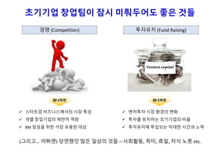 (그리고… 어쩌면) 당연했던 많은 일상의 것들 – 사회활동, 취미, 휴일, 자식 노릇 etc.
초기기업 창업팀이 잠시 미뤄두어도 좋은 것들
 스타트업 비즈니스에서의 시장 특성
 개별 창업기업의 제한적 역량
 BM 점검을 위한 가장 유용한 대상
경쟁 (Competition)
왜냐하면
투자유치 (Fund Raising)
 벤처투자 시장 환경의 변화
 투자를 유치하는 초기기업의 비율
 투자유치에 투입되는 막대한 시간과 노력
왜냐하면
 