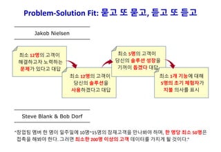 Problem-Solution Fit: 묻고 또 묻고, 듣고 또 듣고
Steve Blank & Bob Dorf
“창업팀 멤버 한 명이 일주일에 10명~15명의 잠재고객을 만나봐야 하며, 한 명당 최소 50명은
접촉을 해봐야 한다. 그러면 최소한 200명 이상의 고객 데이터를 가지게 될 것이다.”
Jakob Nielsen
최소 12명의 고객이
해결하고자 노력하는
문제가 있다고 대답
최소 12명의 고객이
당신의 솔루션을
사용하겠다고 대답
최소 5명의 고객이
당신의 솔루션 성장을
기꺼이 돕겠다 대답
최소 1개 기능에 대해
5명의 초기 체험자가
지불 의사를 표시
 