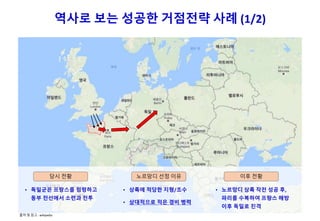 • 독일군은 프랑스를 점령하고
동부 전선에서 소련과 전투
역사로 보는 성공한 거점전략 사례 (1/2)
당시 전황
• 상륙에 적당한 지형/조수
• 상대적으로 적은 경비 병력
노르망디 선정 이유
• 노르망디 상륙 작전 성공 후,
파리를 수복하여 프랑스 해방
이후 독일로 진격
이후 전황
출처 및 참고 : wikipedia
 