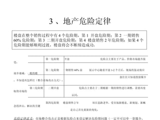 3 、地产危险定律 楼盘在整个销售过程中有 4 个危险期，第 1  开盘危险期；第 2  一期销售 60% 危险期；第 3  二期开盘危险期；第 4  楼盘销售 2 年危险期；如果 4 个危险期能够顺利过渡，楼盘将会不断缔造成功 ； 第一危险期  开盘  危险点主要在于产品、价格市场能否接受； 第二危险期  一期销售 60% 前  展示中心随着开盘 1-2 个月后，现场的轰动效应逐步递减，一般的楼 盘往往只知道投放媒介，不知道再怎样打（整合市场攻击方式）； 第三危险期  二期开盘  危险点主要在于二期根据一期的销售进行调整，需要再度取得市场的   认同； 第四危险期  楼盘销售 2 年  项目思路老华，受市场新楼盘、新规划、新概念的冲击，解决的关键   是自己首先要新的变化； 危险定律意义 ：市场整合攻击正是根据危险点来设定解决危险期问题（一定不可以单一靠媒介， 整合策略是包括媒介在内的全盘攻击方式） ； 
