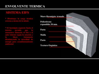 ENVOLVENTE TERMICA 
SISTEMA EIFS 
Muro Hormigón Armado 
Poliestireno 
expandido 30 mm. 
Pasta 
Malla 
Pasta 
Textura Orgánica 
 Disminuye la carga térmica 
externa a menos de la mitad. 
 El hormigón expuesto hacia el 
interior permite que la 
estructura almacene el frío o el 
calor interno según la estación y 
lo libere lentamente 
disminuyendo la necesidad de 
energía para acondicionamiento 
ambiental 
 