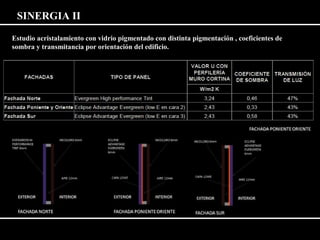 SINERGIA II 
Estudio acristalamiento con vidrio pigmentado con distinta pigmentación , coeficientes de 
sombra y transmitancia por orientación del edificio. 
 
