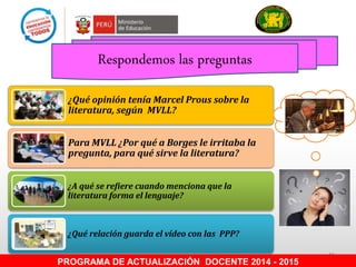 11
Respondemos las preguntas
¿Qué opinión tenía Marcel Prous sobre la
literatura, según MVLL?
Para MVLL ¿Por qué a Borges le irritaba la
pregunta, para qué sirve la literatura?
¿A qué se refiere cuando menciona que la
literatura forma el lenguaje?
¿Qué relación guarda el vídeo con las PPP?
PROGRAMA DE ACTUALIZACIÓN DOCENTE 2014 - 2015
 