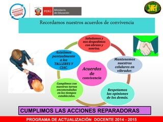Recordamos nuestros acuerdos de convivencia
PROGRAMA DE ACTUALIZACIÓN DOCENTE 2014 - 2015
CUMPLIMOS LAS ACCIONES REPARADORAS
Acuerdos
de
convivencia
Saludamos y
nos despedimos
con abrazo y
sonrisa.
Mantenemos
nuestros
celulares en
vibrador.
Respetamos
las opiniones
de los demás.
Cumplimos con
nuestras tareas
encomendadas
en los tiempos
establecidos.
Asistimos
puntualmente
a los
TALLERES Y
CIAC.
 