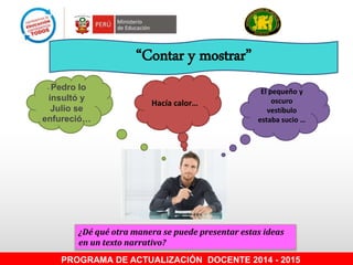 PROGRAMA DE ACTUALIZACIÓN DOCENTE 2014 - 2015
“Contar y mostrar”
El pequeño y
oscuro
vestíbulo
estaba sucio …
- Pedro lo
insultó y
Julio se
enfureció…
Hacía calor…
¿Dé qué otra manera se puede presentar estas ideas
en un texto narrativo?
 