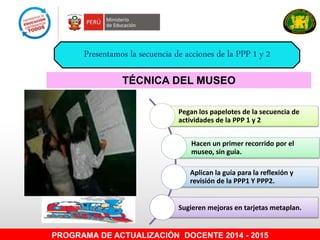 PROGRAMA DE ACTUALIZACIÓN DOCENTE 2014 - 2015
TÉCNICA DEL MUSEO
Presentamos la secuencia de acciones de la PPP 1 y 2
Pegan los papelotes de la secuencia de
actividades de la PPP 1 y 2
Hacen un primer recorrido por el
museo, sin guía.
Aplican la guía para la reflexión y
revisión de la PPP1 Y PPP2.
Sugieren mejoras en tarjetas metaplan.
 