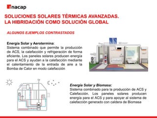 SOLUCIONES SOLARES TÉRMICAS AVANZADAS.
LA HIBRIDACIÓN COMO SOLUCIÓN GLOBAL
ALGUNOS EJEMPLOS CONTRASTADOS
Energía Solar y Aerotermina:
Sistema combinado que permite la producción
de ACS, la calefacción y refrigeración de forma
eficiente. Los paneles solares producen energía
para el ACS y ayudan a la calefacción mediante
el calentamiento de la entrada de aire a la
Bomba de Calor en modo calefacción
Energía Solar y Biomasa:
Sistema combinado para la producción de ACS y
Calefacción. Los paneles solares producen
energía para el ACS y para apoyar al sistema de
calefacción generado con caldera de Biomasa
 