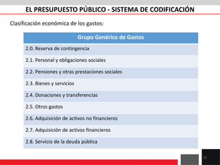 Clasificación económica de los gastos:
12
Grupo Genérico de Gastos
2.0. Reserva de contingencia
2.1. Personal y obligaciones sociales
2.2. Pensiones y otras prestaciones sociales
2.3. Bienes y servicios
2.4. Donaciones y transferencias
2.5. Otros gastos
2.6. Adquisición de activos no financieros
2.7. Adquisición de activos financieros
2.8. Servicio de la deuda pública
EL PRESUPUESTO PÚBLICO - SISTEMA DE CODIFICACIÓN
 